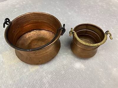 Vintage Solid Hammered COPPER POT Cauldron Planter W/ Forged Iron Handle LOT/2 • $20