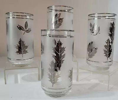MCM Libbey Silver Leaf Print On Frosted Glass Tumblers 5.5  Tall VTG • $15.30