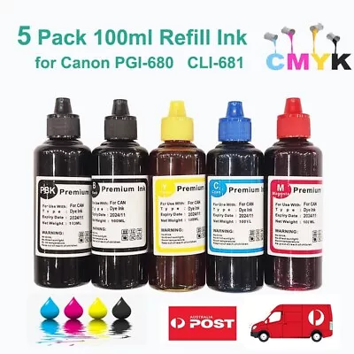 5 X 100ml Refill Bottle For Canon PGI-680 PGI680 & CLI-681 CLI681 Ink - AU Stock • $29.99