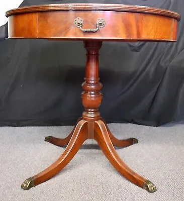 Antique Mahogany Drum Table: Leather Top Drawer Saber Legs W/Brass Paw Feet • $450