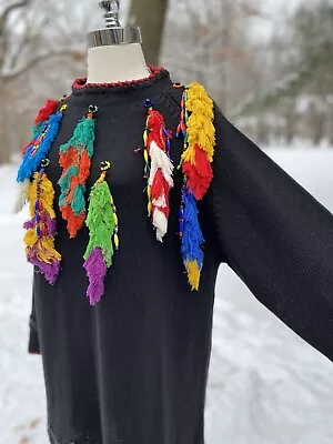 Michael Simon Black Sweater BEADED TASSELS Native American Western SW Size 2 XL • $62