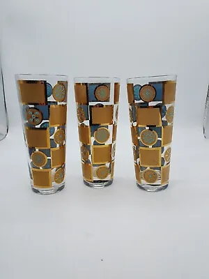 3 MCM Culver Highball Glasses Carnival Pattern  Gold And Turquoise 6 3/4  • $35