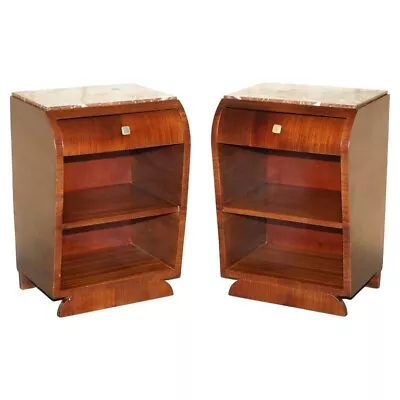 Fine Pair Of Antique French Art Deco Mahogany & Marble Topped Bedside Tables • $4662.56