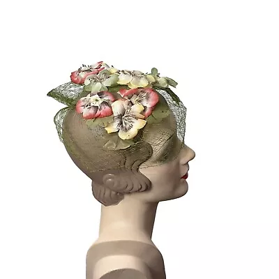 1950s Flower Veil Hat Pansies Head Piece • $55