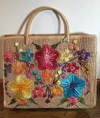 Vintage Straw Woven Tote Beach Bag Purse Floral Raffia Embroidered 60's / 70's • $49.95