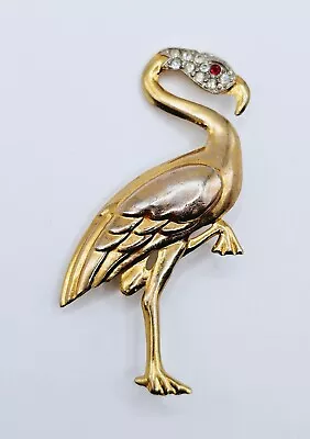 Vintage Flamino Brooch Goldtone With Pave Clear Rhinestones & A Red Crystal Eye • $10