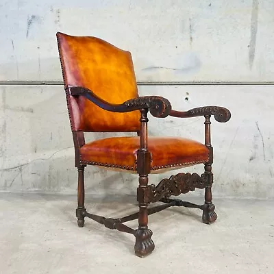 Cromwellian Revival Carved Oak And Leather Armchair Carver Chair #901 • £595