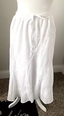 Sz 2X METROWEAR White Cotton Embroidered MAXI SKIRT Elastic Tie Waist Lined A • $41.74