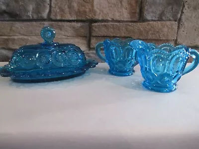 LE Smith Moon And Stars Blue Butter Dish Sugar & Creamer Vintage • $74.99
