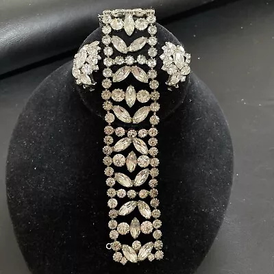 Elegant Unmarked Clear Rhinestone Bracelet And Clip On Earrings 1950S￼ • $28