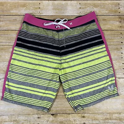 Hurley Mens Phantom Board Shorts Swim Surf Striped Yellow Pink Gray 36 Stretch • $14.99