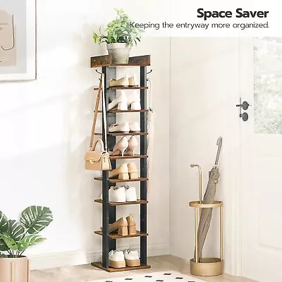 HOOBRO Vertical Shoe Rack 9 Tier Narrow Shoe Shelf Storage Organizer With Hooks • $59.98