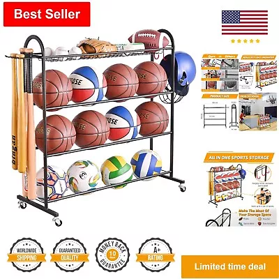 Rolling Ball Storage Rack With Baseball Bat Holder & Hooks - Sports Equipment... • $139.99