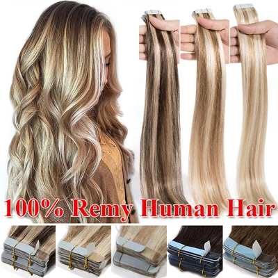 £26.08 • Buy Seamless Tape In Skin Weft 100% Remy Human Hair Extensions Full Head Balayage UK