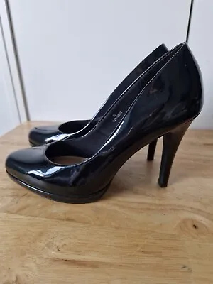 M&S Insolia Ladies Patent Leather Heels Size 6 Black Platform Kitten Heel Party • £19.99