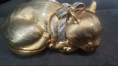 JUDITH LIEBER Vtg Sleeping Cat Minaudiere Gold Swarovski Crystal Clutch 1984 • $1000