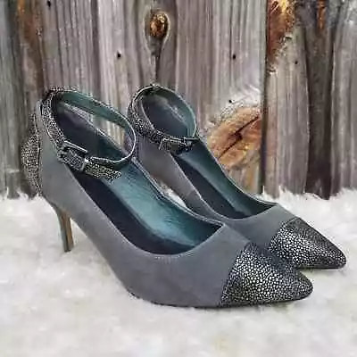 Gray Cap Toe Heels 9.5 Wide Hal Rubenstein Suede Leather Metallic Ankle Strap • $35