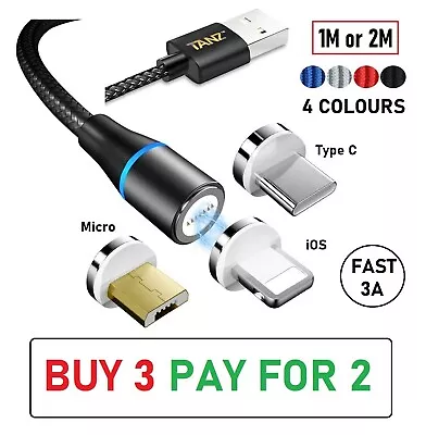 3 In 1 Magnetic Charging USB Cable Charger 3A FAST IOS Micro Type-C Adaptors NEW • £2.49