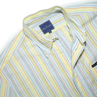 Mens FACONNABLE Shirt M Yellow And Blue Stripe Seersucker Short Sleeve • £28