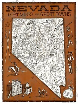 Nevada State NV Lost Mines Ghost Towns Historic Map Poster Print Art Old West • $25