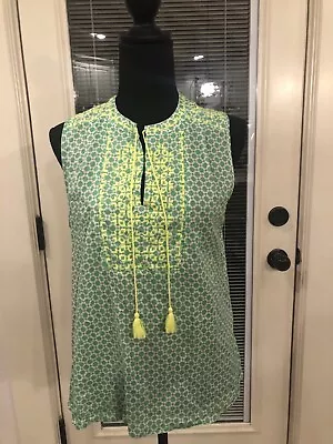 J Crew Green Yellow White Sleeveless Top Size 10 Embroidery Tassel Detail  Boho • $12