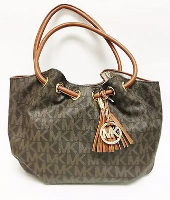 New Michael Kors Ring Totebrown Leathergold Mk Logotasselmed Ew Shoulder Bag • $212.49