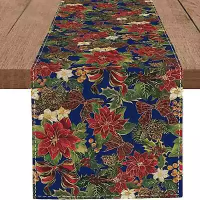 WHOMEAF Blue Poinsettia Table Runner Vintage Oil Painting Style Burlap Table Run • $21.40