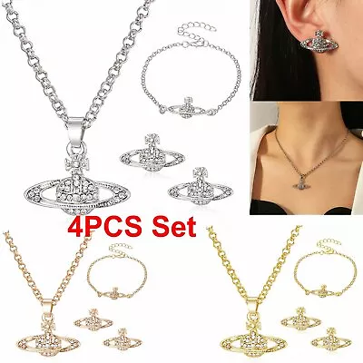 £3.99 • Buy 4pcs Crystal Saturn Heart Orb Set Necklace+Bracelet+Earrings Pendant Chains Gift