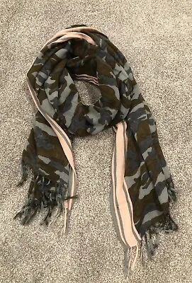 J. CREW Camo Wool Scarf Shawl Wrap 28  X 80”Fringed Edges.  Blues/browns/peach • $14