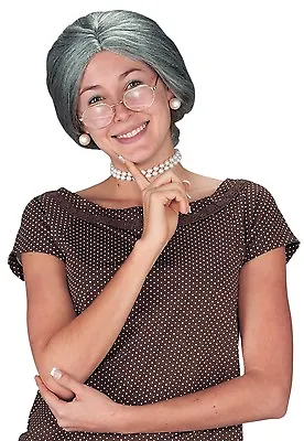 Womens Granny Wig Mrs.Claus Hair Gray Bun Librarian Old Lady Grandma Adult Grey • $14.99