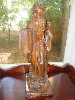 Vintage Master Carved Olive Wood Moses Statue Ten Commandments Snake 17  • $137.50