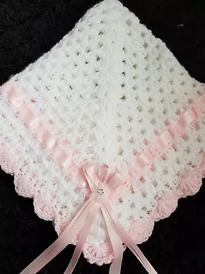 Hand Crochet Baby Girls Blanket Car Seat 26  WHITE/pale Pink Glitter *NEW* • £12