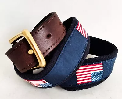 Vineyard Vines American Flag Blue Web Belt Brass Buckle Brown Leather Size 30 • $14.99