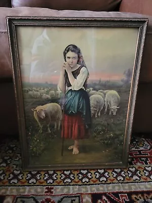 Vtg  ANTIQUE Framed Print Lithograph The Little Shepherdess Girl Sheep 13x17 EUC • $29.99