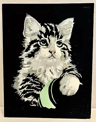 Vintage MCM 1960’s Black Velvet Paint By Number Green Eye Cat Kitten With Ball • $30