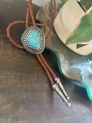 Southwestern Turquoise Bolo Tie - Gifts For Him Cabochon Indian Leather Cowboy  • $28