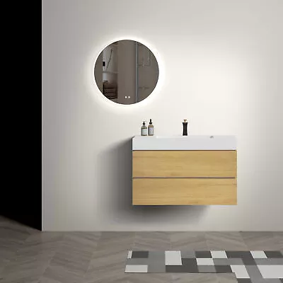 36  Oak Bathroom Vanity W/SinkOne-Piece White Sink Basin Wall Mounted Bathroom • $666.61