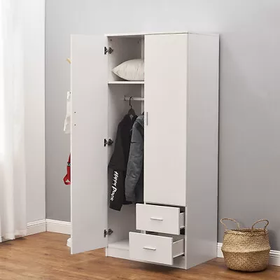 Modern 2 Door 2 Drawer Wardrobe With Shelf Hanging Rail Clothes Storage Cupboard • £139.99