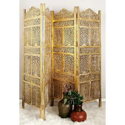 Gold Carved Wood Room Divider Privacy Screen 4-Panel Crown Top Distressed Finish • $390.60