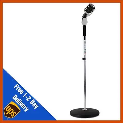 Silver Retro Round Base Mic Stand With 50s Style Dynamic Microphone Musician Gig • £79.99