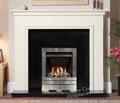 Gas White Surround Black Granite Modern Silver Coal Fire Fireplace Large Lights • £859