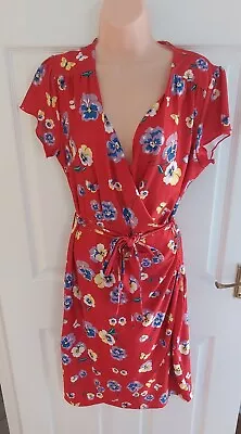 Yumi Wrap Red Pansy Floral Butterfly Print Summer  Dress Size 12 • £15