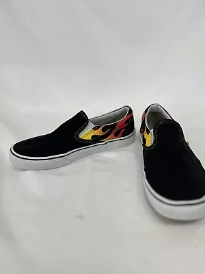 Vans Classic Slip On Mens Shoes Sz 7.5 Black Red Canvas Flames Athletic Skate • $14.99