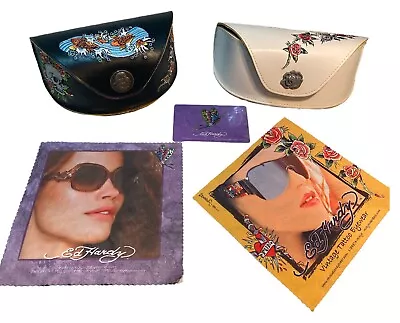 Lot Of 2 Black And White ED HARDY LEATHER EYE GLASS CASE Fish & Floral • $27.95