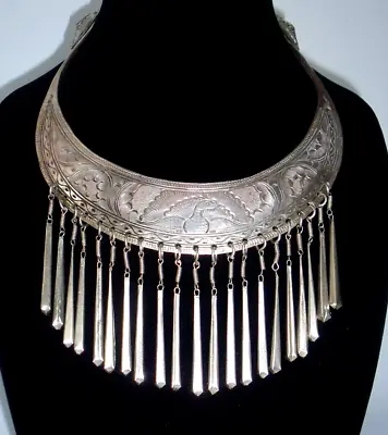Vtg Thailand Hmong Hill Tribe Handmade Peacock Motif Bib Necklace Silver Tone • $119.20