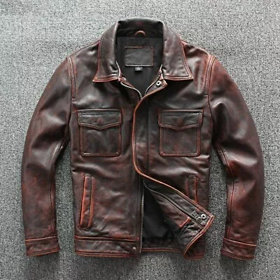 Men's Vinatge Brown Biker Motorcycle Leather Distress Jacket For Men • $83.98