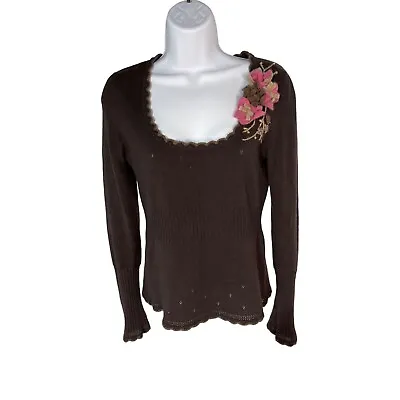$21 • Buy Vintage Nanette Lepore Brown Cashmere Pointelle Sweater Flower Detail Shoulder