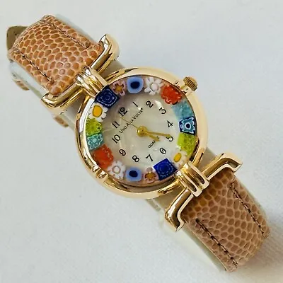 Uno Alla Volta Murano Glass MOP Women's Millefiori Watch Gold Leather • $24.95