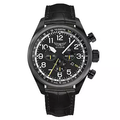 Aviator Black Leather Chronograph Swiss Made Men's Watch - V22551694 • $959