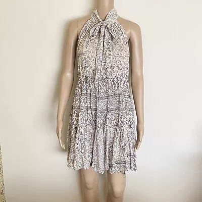 ZIMMERMANN ~ Oatmeal BLACK Floral PAISLEY 100% LINEN Pussy BOW Dress SIZE 0 • $125